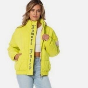 Juicy Couture Womens Neon Yellow J’amore Juicy Puffer Jacket